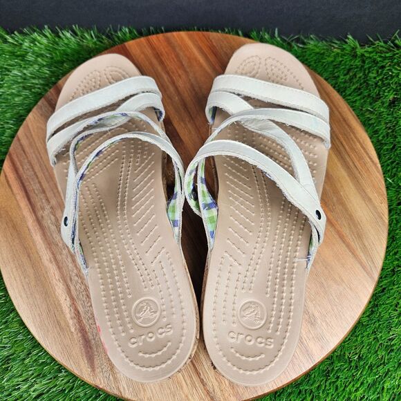 Crocs A Leigh Sandals Womens 10 Strappy Beige Slip On Casual Wedge Heels 11847 - Picture 9 of 13